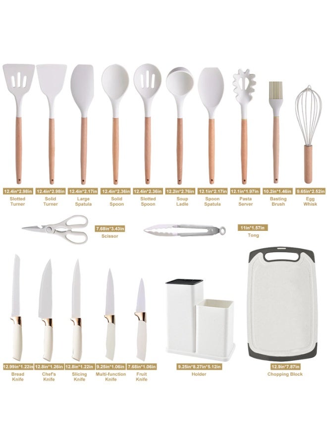 DubaiGallery طقم أدوات المطبخ السيليكون المتميز 19 قطعة مع تصميم مقبض خشبي، أدوات طهي غير خادشة، مجموعة سكاكين، ملعقات، مغرفة، خفاقة، ملقط، حامل تخزين، أساسيات مطبخ مقاومة للحرارة - Image 3